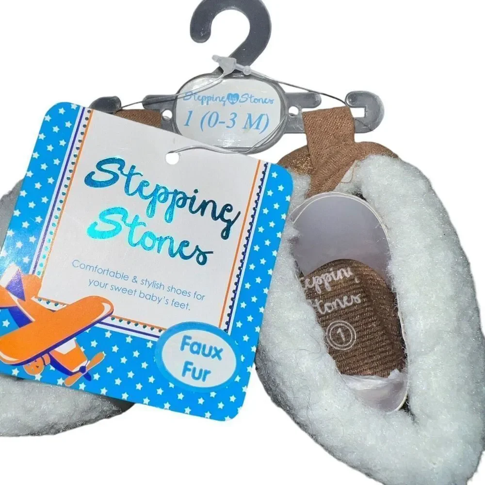 Stepping Stones Tan White Faux Fur Pre Walk Bootie Size 1 0-3 Month NEW